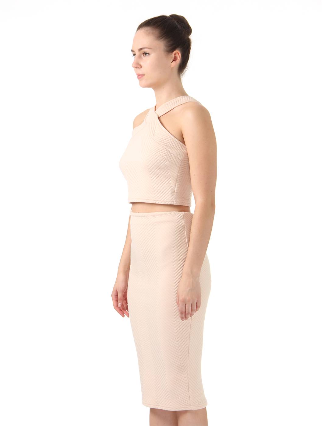 Ax Paris Women Party Beige Top and Skirt Set